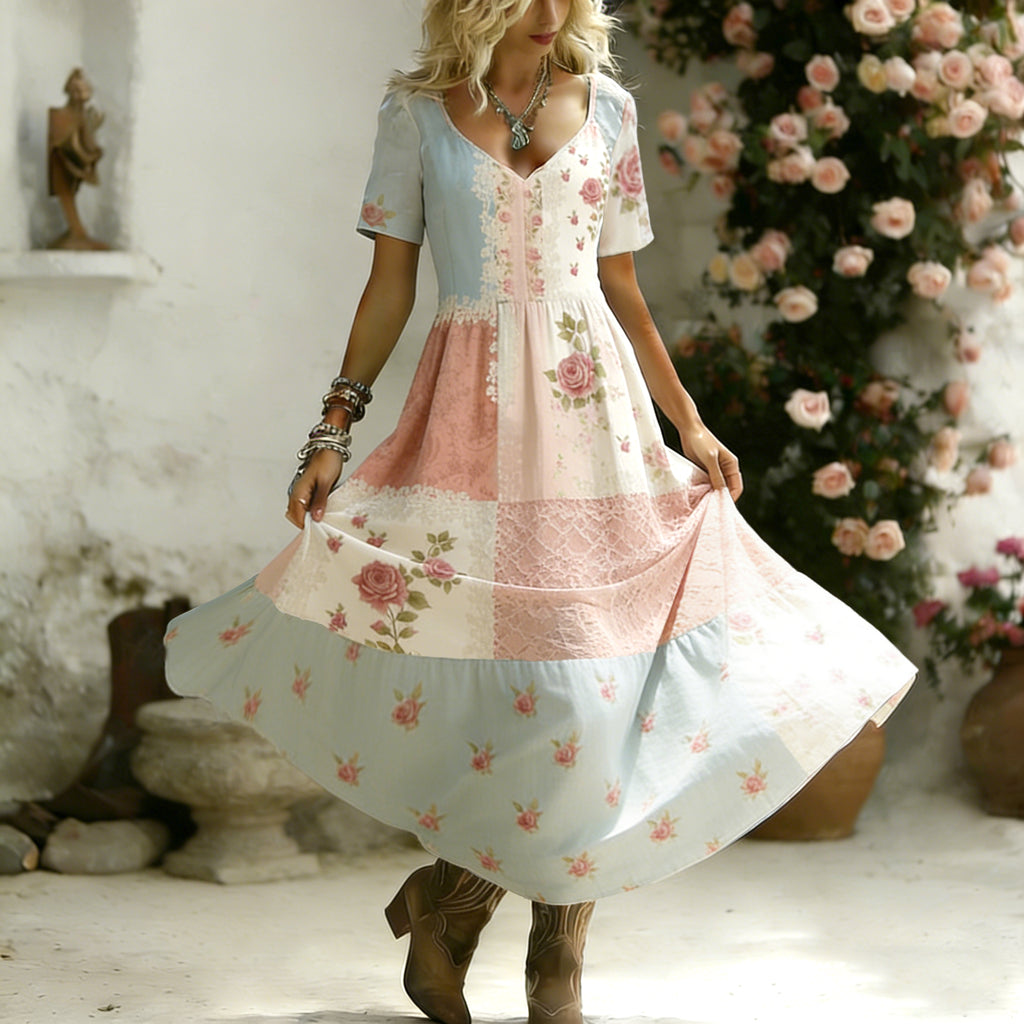 Women's Boho Retro Rose Collage Art Linen V Neck Maxi Dress