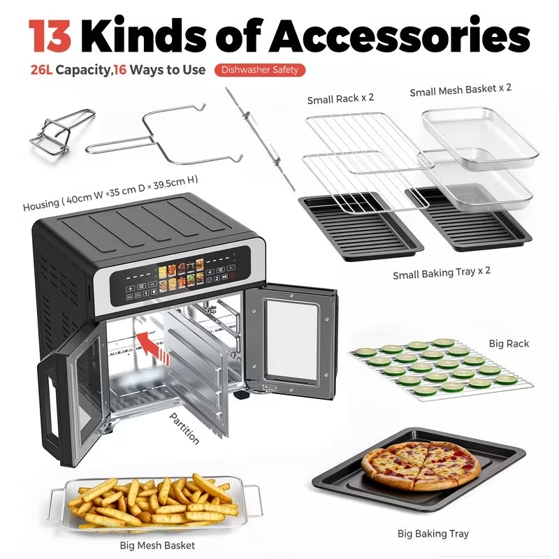 27.5QT Large French Door Air Fryer Toaster Oven Combo Suitable for