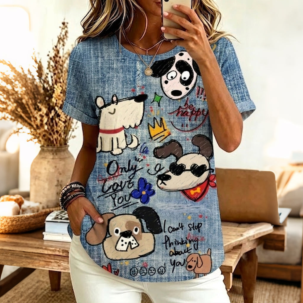 Women's Cute Dog Art Print Art Flowy Linen Blend T-shirt